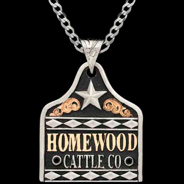 Elevate your style with our Angus Cow Tag Necklace. Featuring Jeweler's Bronze letters and delicate scrollwork, black enamel and two dazzling Cubic Zirconias. Pair it with a special discount sterling silver chain!